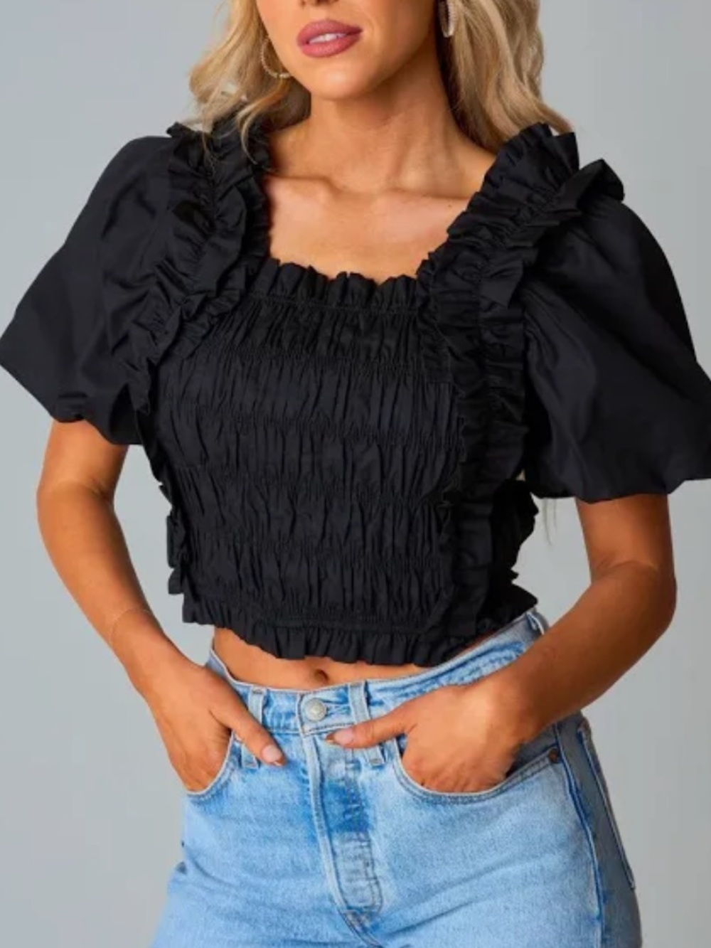 Buddy Love Black Smocked Ruffle Crop Top